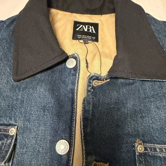 Zara Men's Dark Blue Denim Jacket with Black Collar - Picture 5 of 7